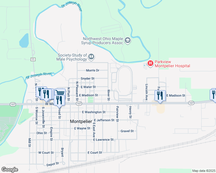 map of restaurants, bars, coffee shops, grocery stores, and more near 315 River Street in Montpelier