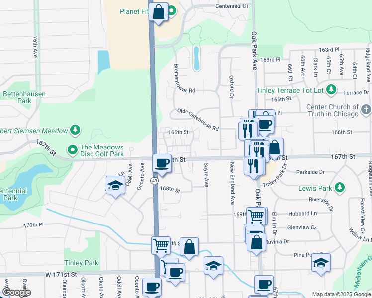 map of restaurants, bars, coffee shops, grocery stores, and more near 7100 Laverne Lane in Tinley Park