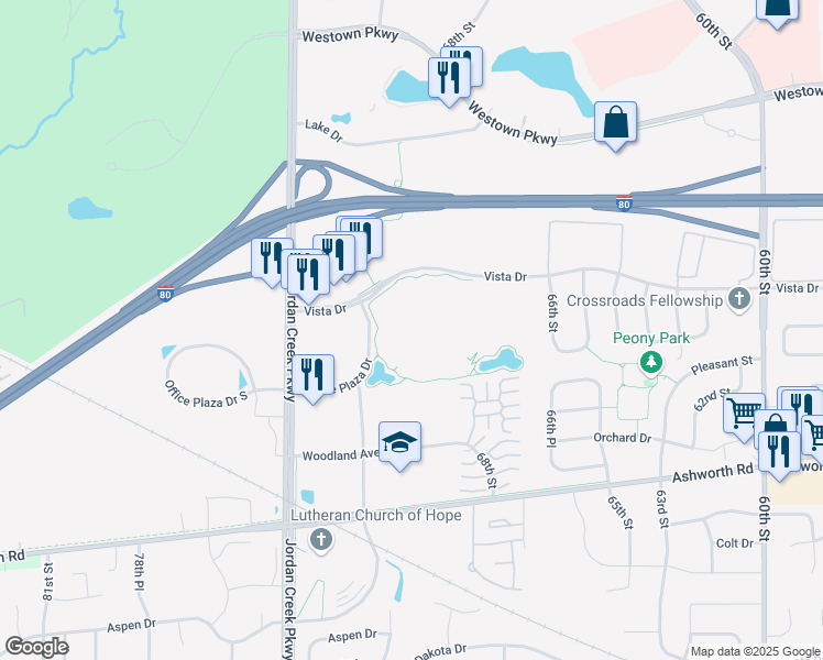 map of restaurants, bars, coffee shops, grocery stores, and more near 7000 Vista Drive in West Des Moines