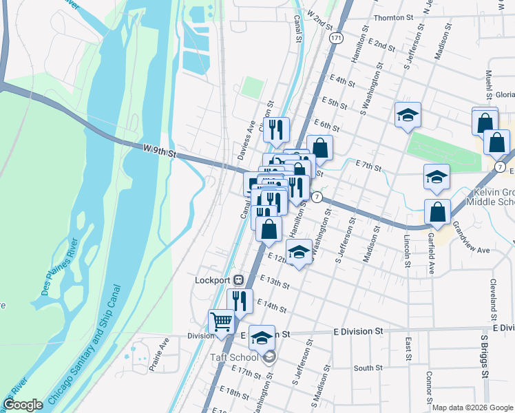 map of restaurants, bars, coffee shops, grocery stores, and more near 925 South State Street in Lockport