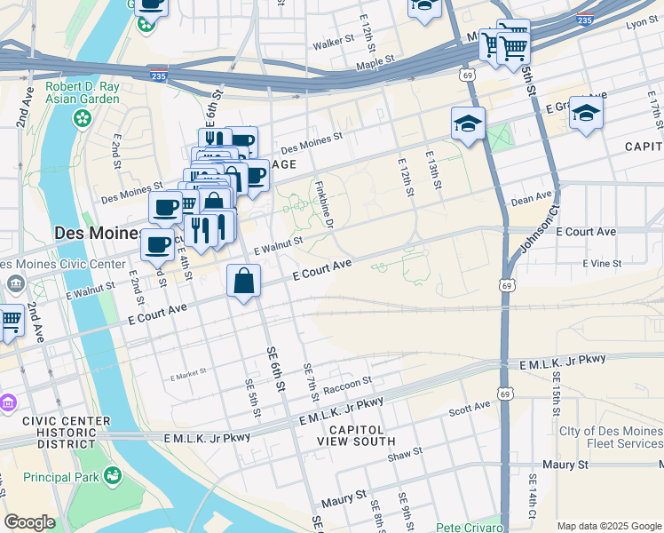 map of restaurants, bars, coffee shops, grocery stores, and more near East Court Avenue in Des Moines