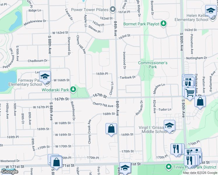 map of restaurants, bars, coffee shops, grocery stores, and more near 16567 Clover Lane in Tinley Park
