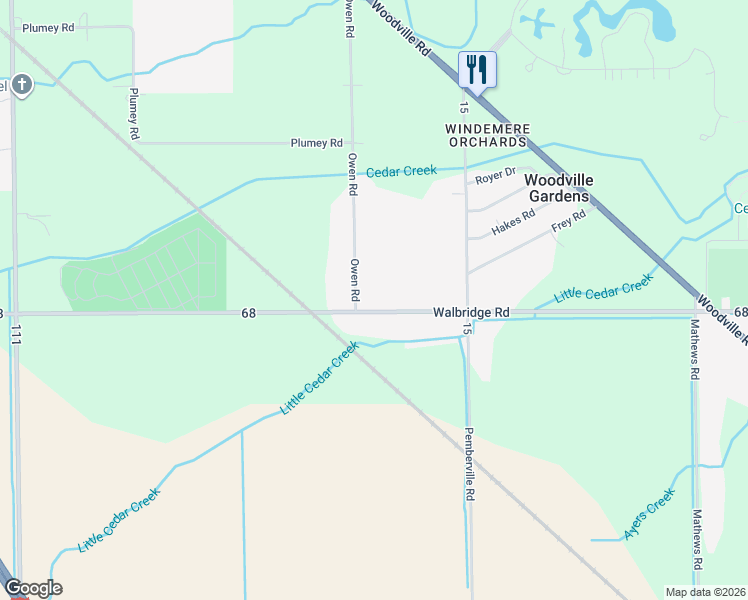 map of restaurants, bars, coffee shops, grocery stores, and more near 1609 Owen Road in Northwood