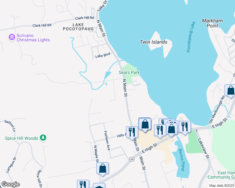 map of restaurants, bars, coffee shops, grocery stores, and more near 53 North Main Street in East Hampton