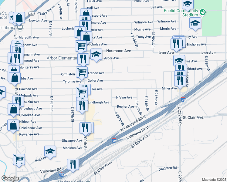 map of restaurants, bars, coffee shops, grocery stores, and more near 20750 Goller Avenue in Euclid