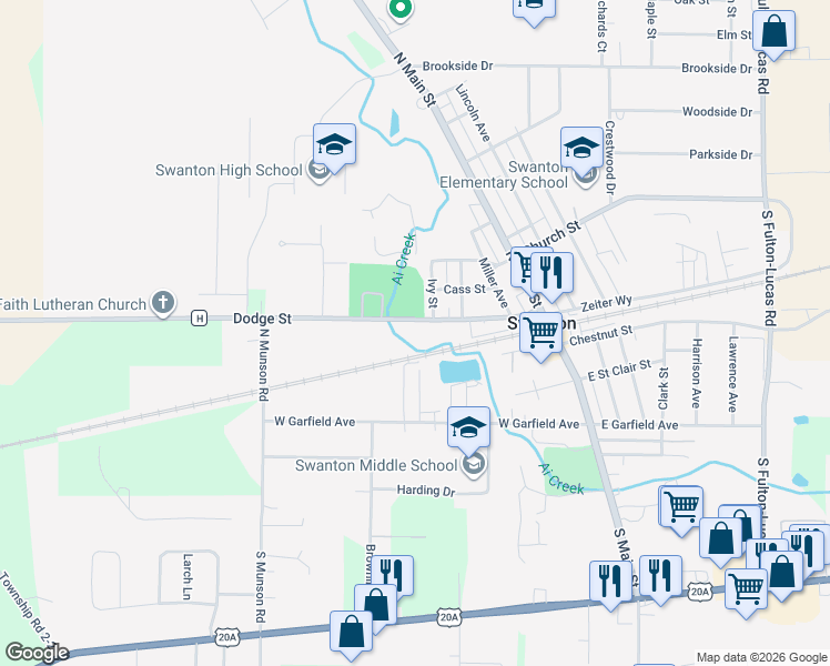 map of restaurants, bars, coffee shops, grocery stores, and more near 303 Dodge Street in Swanton
