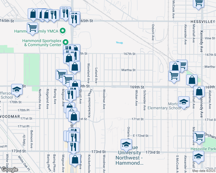 map of restaurants, bars, coffee shops, grocery stores, and more near 6836 Forestdale Avenue in Hammond