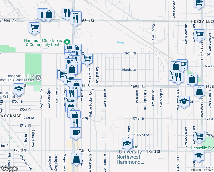 map of restaurants, bars, coffee shops, grocery stores, and more near 6836 Forestdale Avenue in Hammond