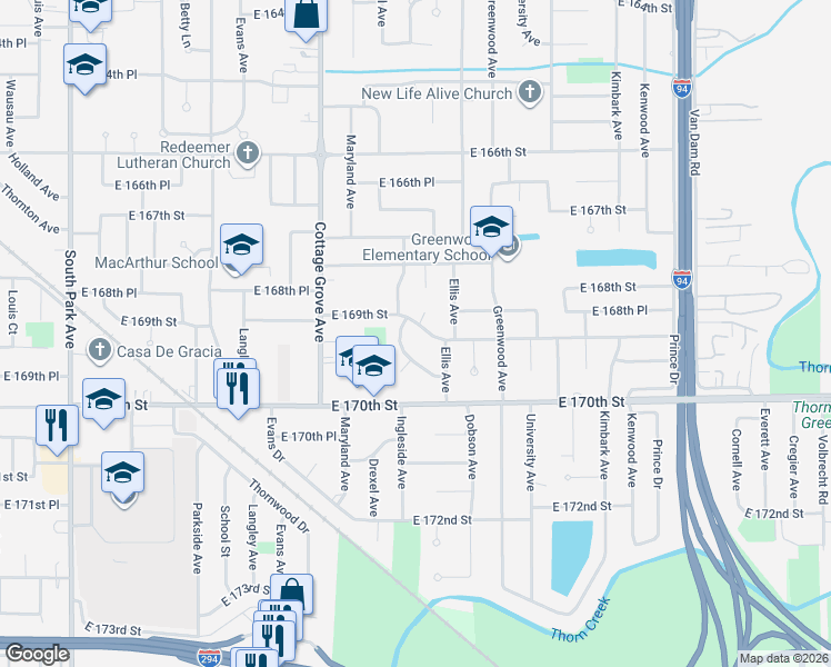 map of restaurants, bars, coffee shops, grocery stores, and more near 928 East 169th Court in South Holland
