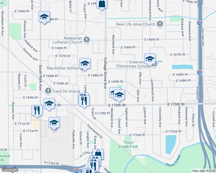 map of restaurants, bars, coffee shops, grocery stores, and more near 822 East 169th Street in South Holland