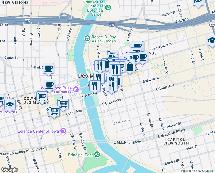map of restaurants, bars, coffee shops, grocery stores, and more near 295 East 2nd Street in Des Moines