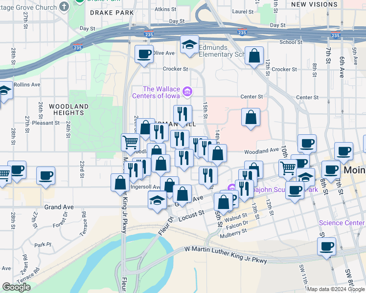 map of restaurants, bars, coffee shops, grocery stores, and more near 660 16th Street in Des Moines