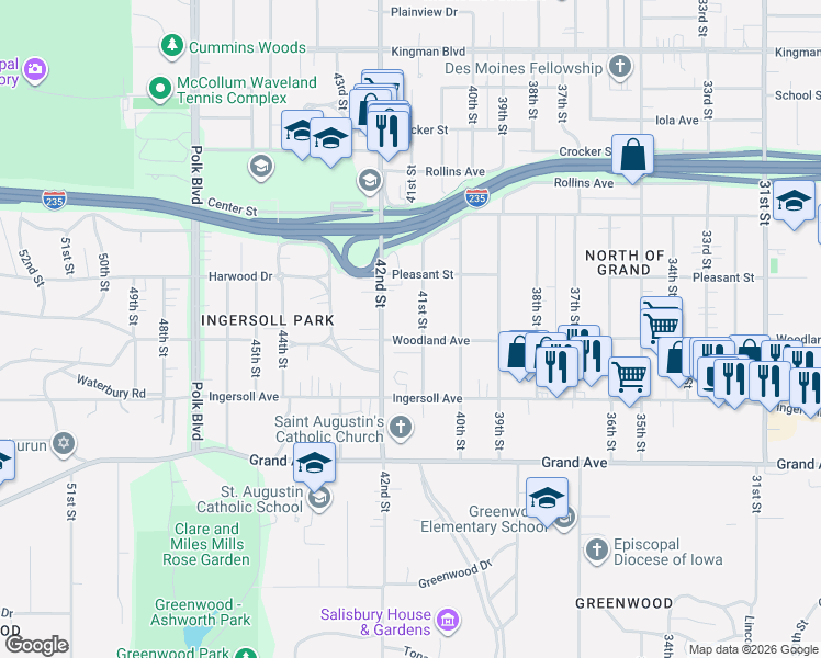 map of restaurants, bars, coffee shops, grocery stores, and more near 664 41st Street in Des Moines