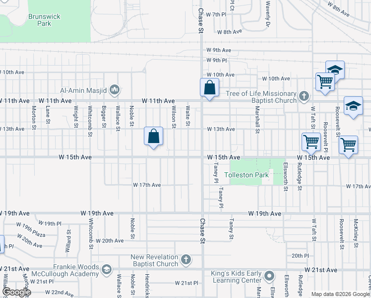 map of restaurants, bars, coffee shops, grocery stores, and more near 1329 Waite Street in Gary