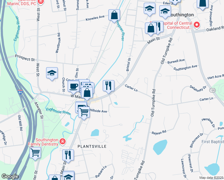 map of restaurants, bars, coffee shops, grocery stores, and more near 666 Main Street in Southington