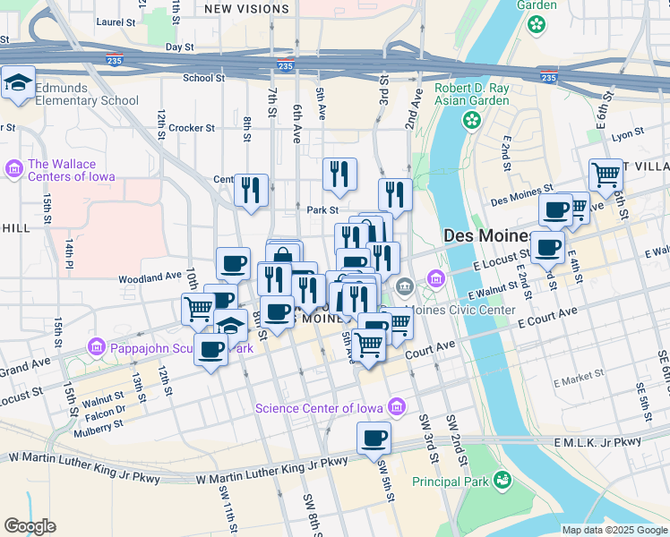 map of restaurants, bars, coffee shops, grocery stores, and more near 555 5th Avenue in Des Moines