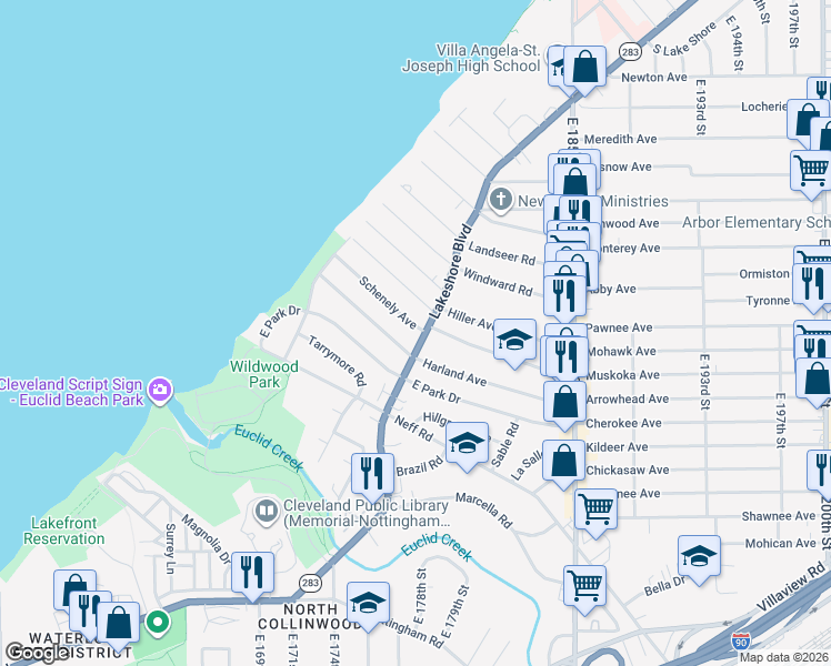 map of restaurants, bars, coffee shops, grocery stores, and more near 17705 Schenely Avenue in Cleveland