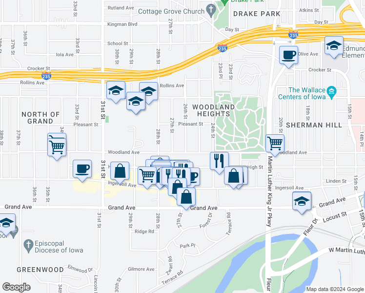 map of restaurants, bars, coffee shops, grocery stores, and more near 648 26th Street in Des Moines