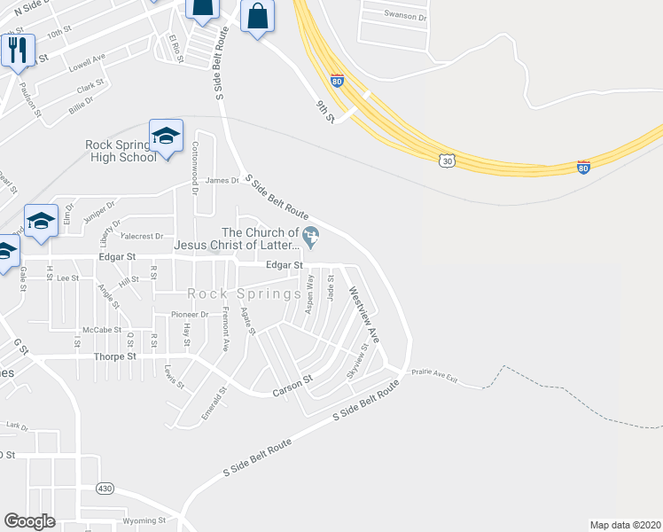 map of restaurants, bars, coffee shops, grocery stores, and more near N Side Belt Route in Rock Springs