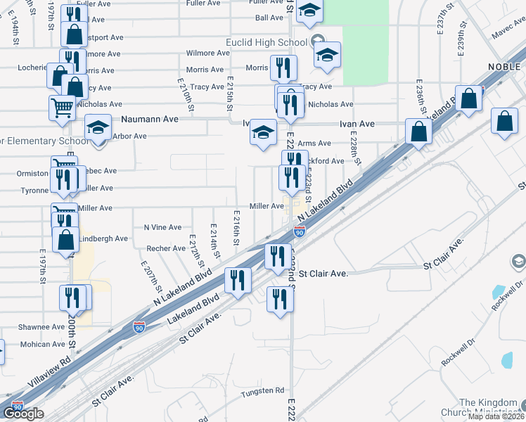 map of restaurants, bars, coffee shops, grocery stores, and more near 21951 Miller Avenue in Euclid