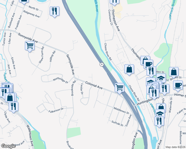 map of restaurants, bars, coffee shops, grocery stores, and more near 44 Berkshire Drive in Waterbury