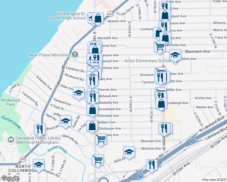 map of restaurants, bars, coffee shops, grocery stores, and more near 18801 Pawnee Avenue in Cleveland