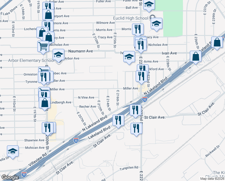 map of restaurants, bars, coffee shops, grocery stores, and more near 21481 Miller Avenue in Euclid