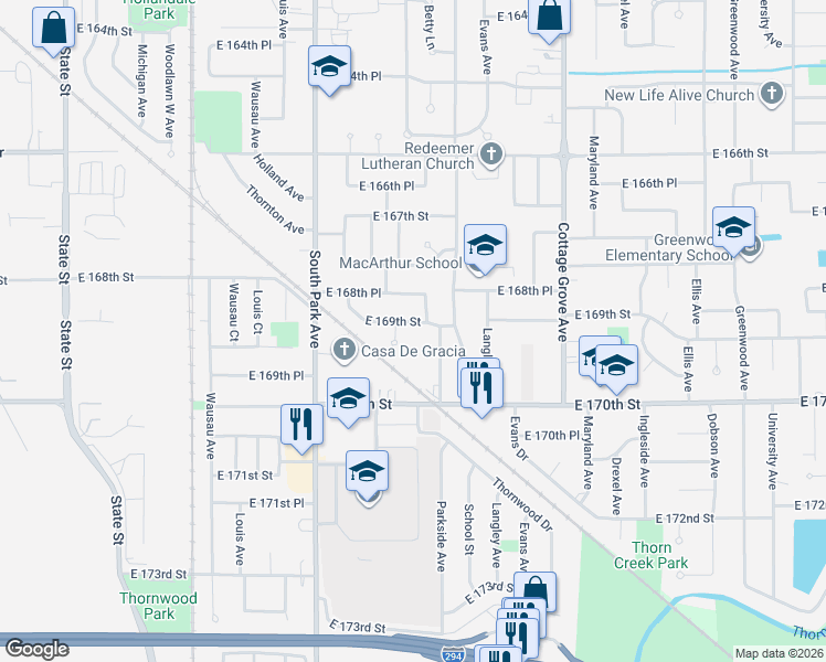 map of restaurants, bars, coffee shops, grocery stores, and more near 544 Elm Street in South Holland