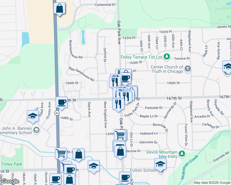 map of restaurants, bars, coffee shops, grocery stores, and more near 16644 Oak Park Avenue in Tinley Park