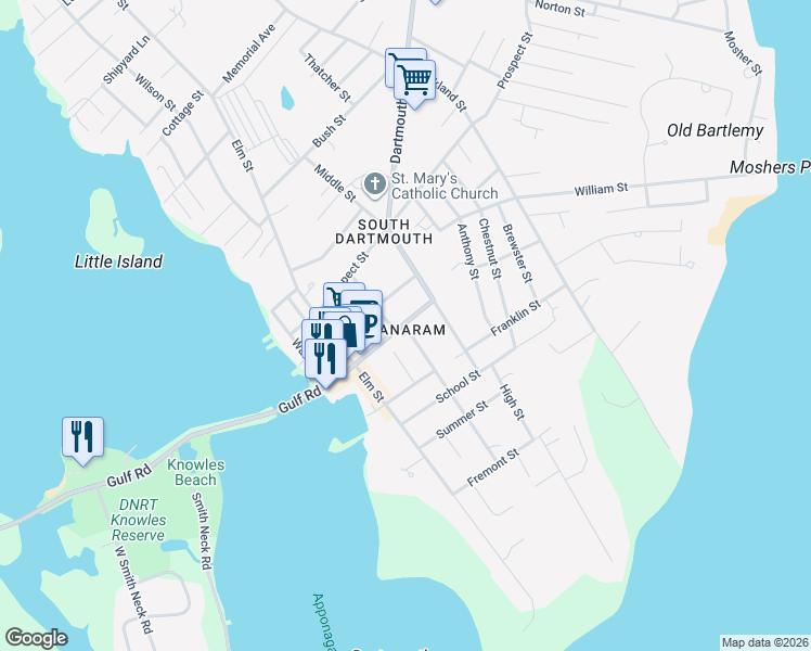 map of restaurants, bars, coffee shops, grocery stores, and more near 94 Pleasant Street in Dartmouth