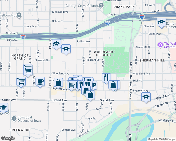 map of restaurants, bars, coffee shops, grocery stores, and more near 664 26th Street in Des Moines
