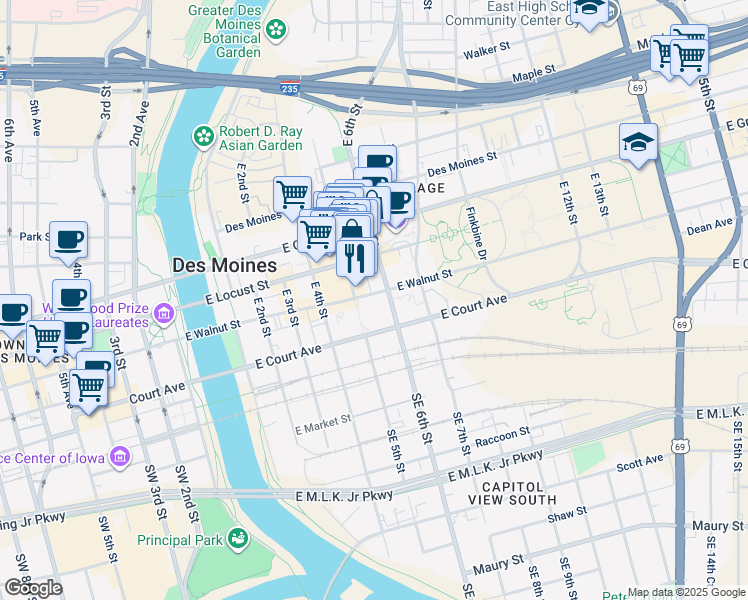 map of restaurants, bars, coffee shops, grocery stores, and more near 309 East 5th Street in Des Moines