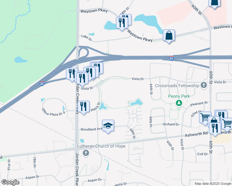 map of restaurants, bars, coffee shops, grocery stores, and more near 7000 Vista Drive in West Des Moines