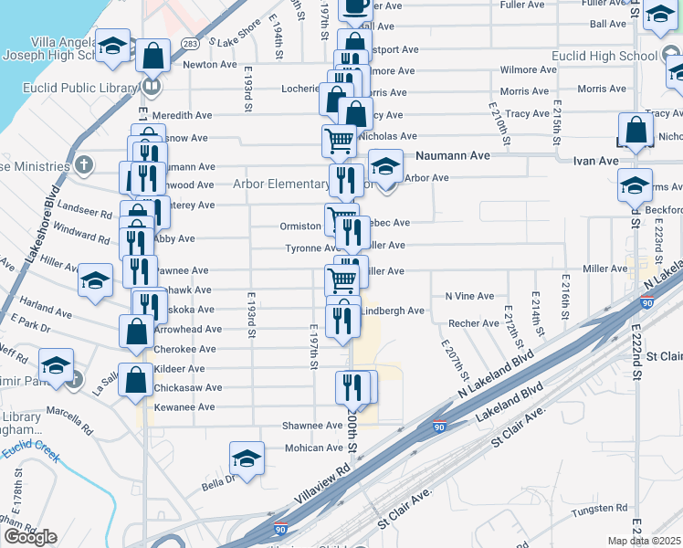 map of restaurants, bars, coffee shops, grocery stores, and more near 625 East 200th Street in Euclid