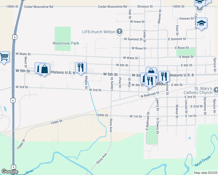map of restaurants, bars, coffee shops, grocery stores, and more near 319 Liberty Street in Wilton