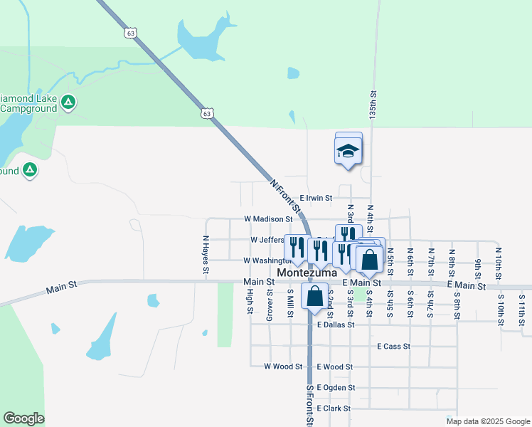 map of restaurants, bars, coffee shops, grocery stores, and more near 301 West Madison Street in Montezuma