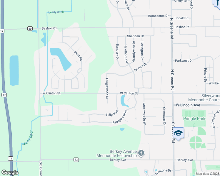 map of restaurants, bars, coffee shops, grocery stores, and more near 214 Tanglewood Drive in Goshen
