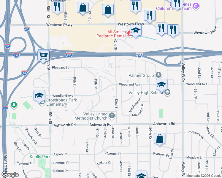 map of restaurants, bars, coffee shops, grocery stores, and more near 1138 42nd Street in West Des Moines