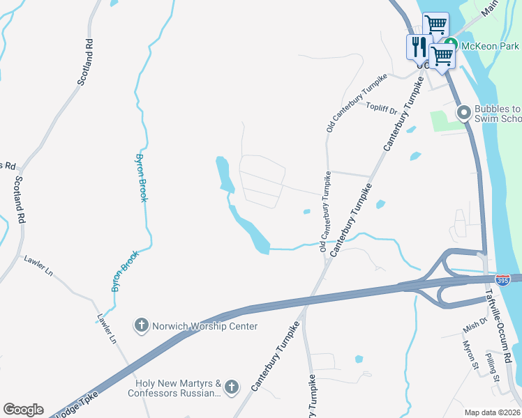 map of restaurants, bars, coffee shops, grocery stores, and more near 67 Center Drive in Norwich