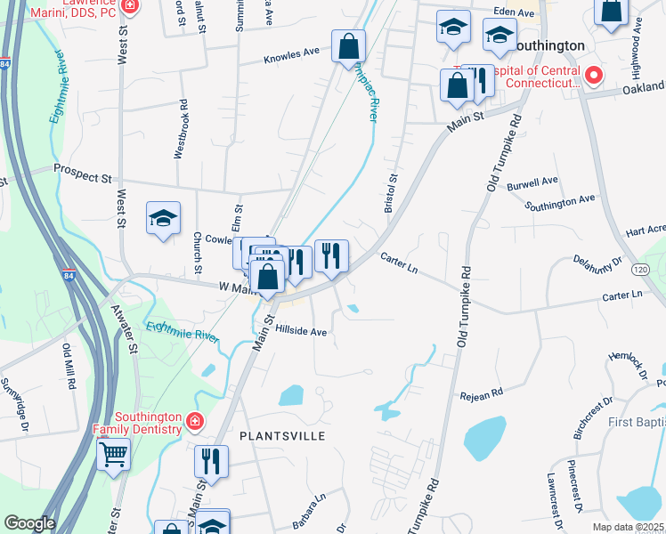 map of restaurants, bars, coffee shops, grocery stores, and more near 666 Main Street in Southington