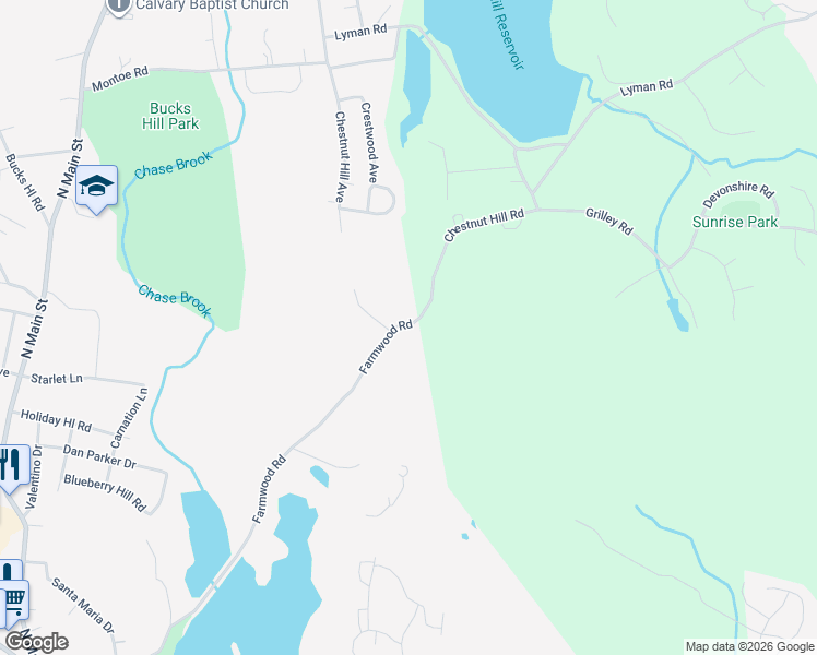 map of restaurants, bars, coffee shops, grocery stores, and more near 30 Chestnut Hill Road in Wolcott