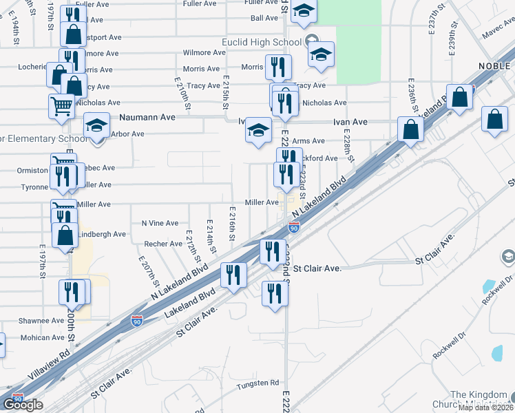 map of restaurants, bars, coffee shops, grocery stores, and more near 21951 Miller Avenue in Euclid