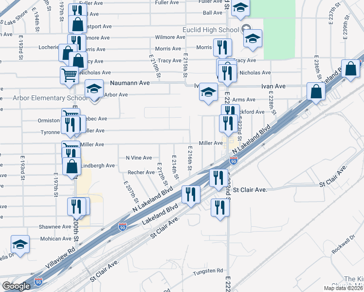 map of restaurants, bars, coffee shops, grocery stores, and more near 21481 Miller Avenue in Euclid