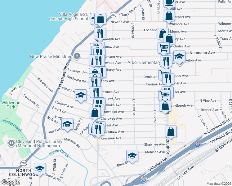 map of restaurants, bars, coffee shops, grocery stores, and more near 18801 Pawnee Avenue in Cleveland