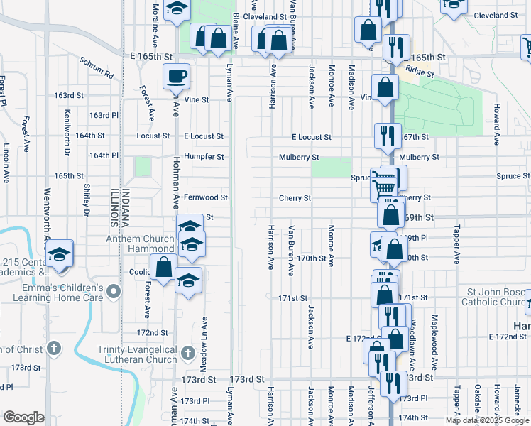 map of restaurants, bars, coffee shops, grocery stores, and more near 506 Cherry Street in Hammond