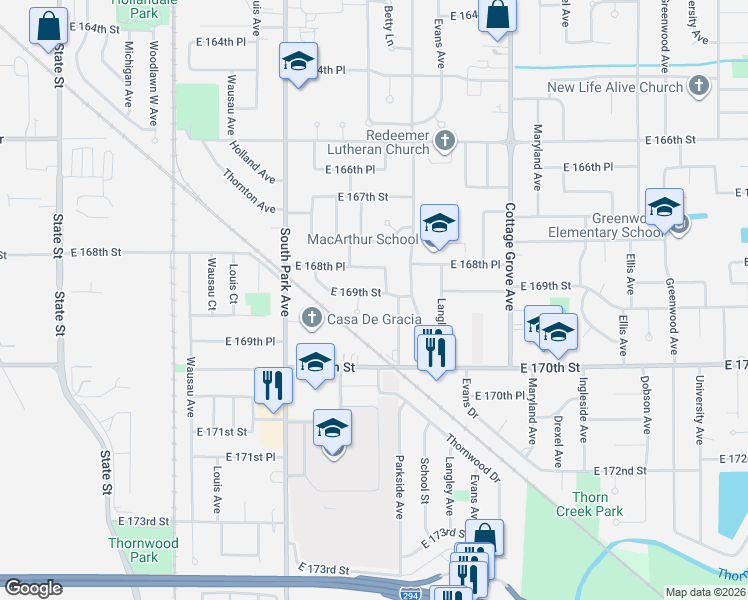 map of restaurants, bars, coffee shops, grocery stores, and more near 544 Elm Street in South Holland