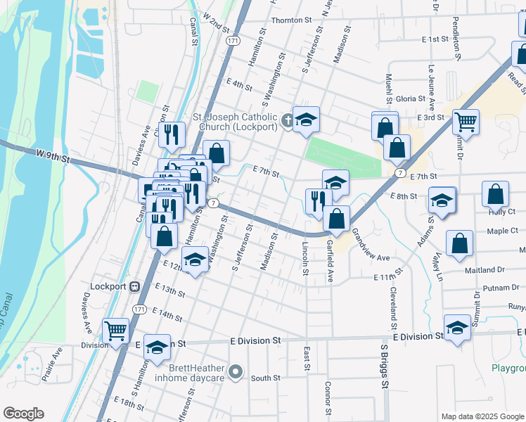 map of restaurants, bars, coffee shops, grocery stores, and more near 813 South Jefferson Street in Lockport