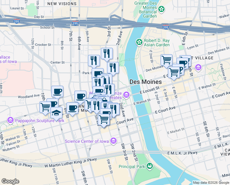 map of restaurants, bars, coffee shops, grocery stores, and more near 203 Grand Avenue in Des Moines