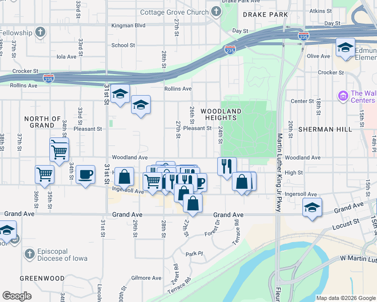 map of restaurants, bars, coffee shops, grocery stores, and more near 664 26th Street in Des Moines