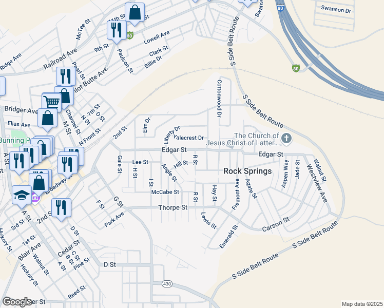 map of restaurants, bars, coffee shops, grocery stores, and more near 1365-1405 Edgar Street in Rock Springs